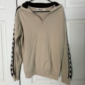Beige Zip-Up Sweater with Brown Trim